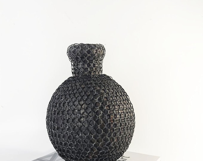 Vintage Mid-Century Indian Brutalist Chainmail Wrapped Cast Iron Gourd Vase/Bottle 1970's/ Mid Century