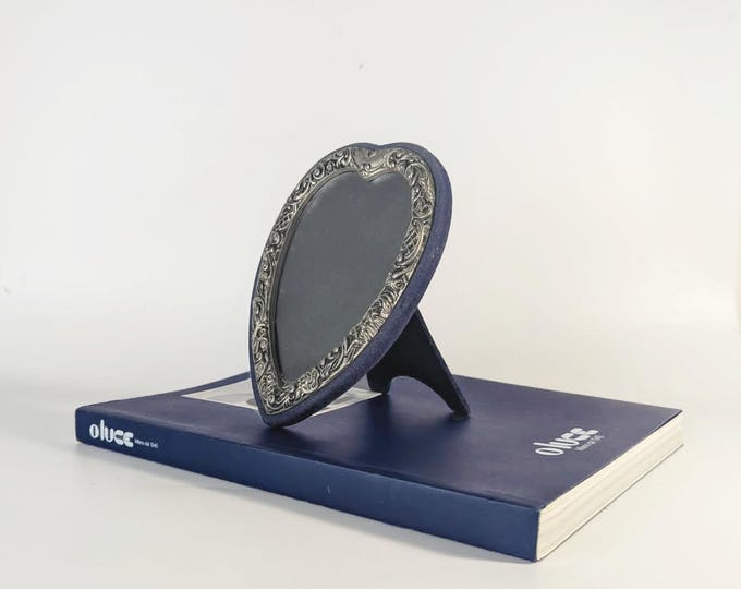Pretty Mid Century Heart Shaped Pewter Vanity Mirror – Ornate 1950s 1960s Boudoir Decor with Blue Velvet Backing