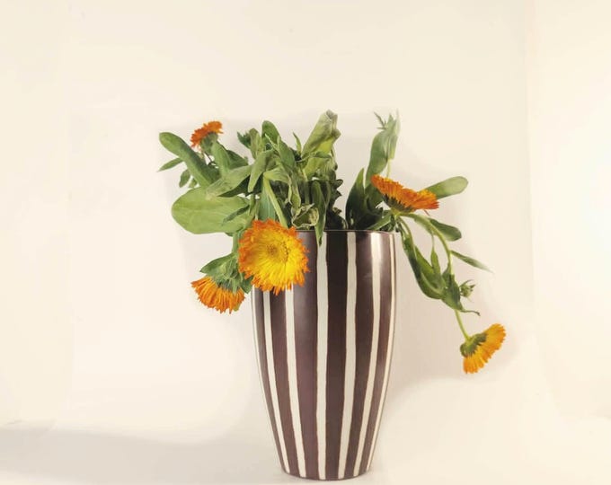 Vintage West German Pottery Vase 1960s Mid Century Modern Schlossberg Keramik Style Fat Lava Chocolate Brown chalk White Sgraffito Striped W