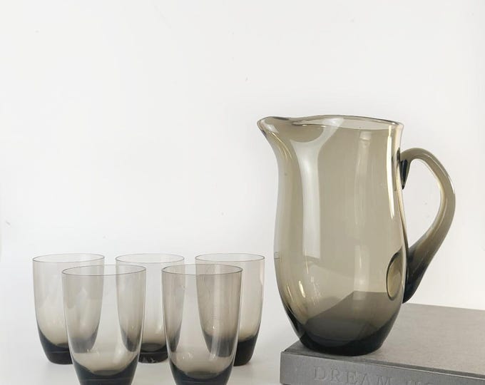 Fabulous Mid-Century Modern Pitcher & Tumblers: Scandinavian Smokey Glass Bar Set