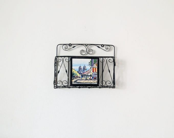Vintage French Curly Forged Wrought Iron Mail Rack - Mid Century Paris Tile Letter/Art/Postcard Holder by M. Julian - RARE