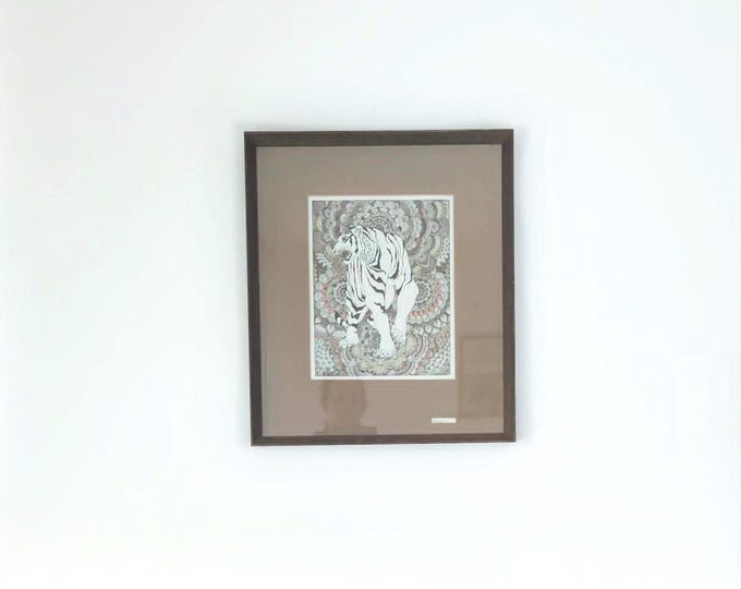 Vintage Rare Original Framed 1971 Psychedelic Drawing with ink wash, fantasy,  “Tiger” by Jane Stapleford