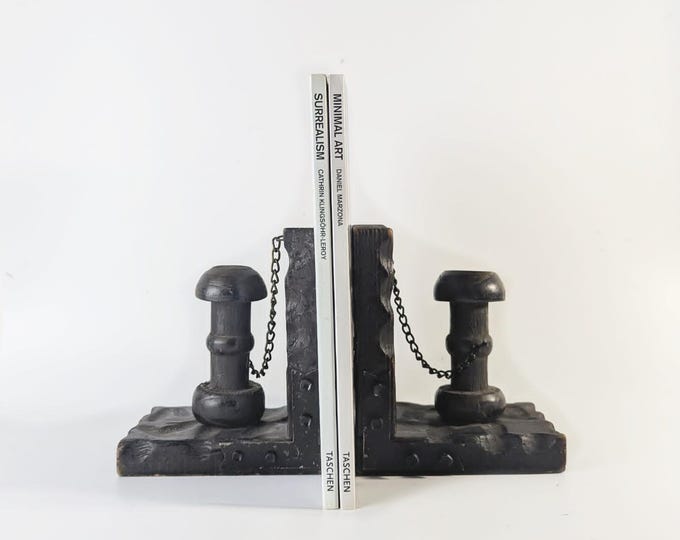 Vintage Spanish Revival Brutalist Wood Bookends, Mid Century Medieval Mooring Post & Chain, Hand Carved Gothic Brutalism Made in Spain 1970s