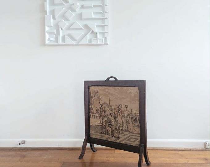 Vintage French style 1930s Woven Tapestry Fireplace Screen Sculptural Dark Oak Frame & Courtly Romantic European Harbour Scene Pickup only