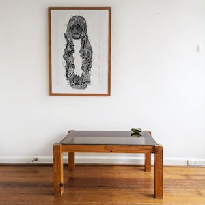 SOLD Sold Vintage 1970s Brutalist Solid Pine Teak colour Wood & Smoked brown Glass Coffee Table, Scandinavian style design/Pickup