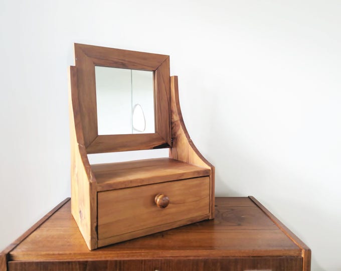 1970s Vintage Brutalist Solid Timber Tabletop Vanity Mirror / Postmodern Linear Design with Slatted wood PICKUP Only melbourne