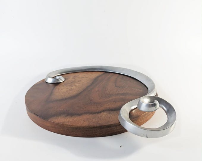 Vintage Post Modern Serving Board & Catchall, Hand Forged Handle, Sheesham Acacia Wood, Aluminium