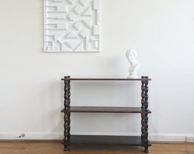 SOLD SOLD Vintage Bobbin Legs Bookcase - Slim Three-Tier Timber Shelf, Turned Wood Spindle Etagere, Narrow Hallway Console Table
