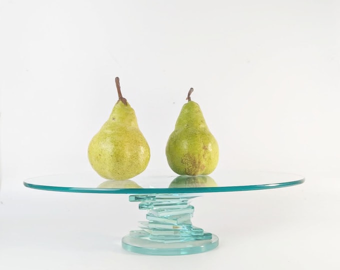 Vintage Leonardo Germany Green Stacked Glass Cake Stand - Post modern Pedestal Fruit Bowl Platter Centerpiece (33cm)