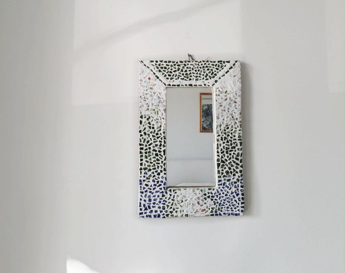 Whimsical Vintage Y2K Mosaic Mirror Timeless Charm, Handmade Sea Green Azul Blue, Pinks  whites Rectangular Mirror - PICKUP Only Melbourne