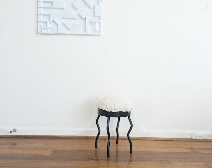 SOLD SOLD 1995 Vintage IKEA Uri Stool by Per Ivar Ledang - Wavy Metal Legs Postmodern Stool Footstool Boucle Top Secret  Love Note Pickup