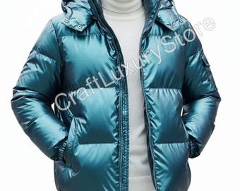 Shiny Teal Blue Puffer Jacket | Men's Hooded Winter Coat | Waterproof Bubble Jacket