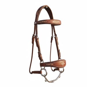Puede incluir: Una brida de caballo de cuero marrón con herramientas florales decorativas. La brida presenta una embocadura y herrajes plateados, con una testera y una muserola acolchadas. El cuero es de un color marrón medio y las costuras son visibles.