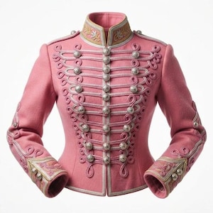May include: A pink military-style jacket featuring a high collar, silver-toned buttons, and intricate braided cord detailing across the front. The sleeves and cuffs are adorned with matching embroidery and silver buttons, creating a structured look.