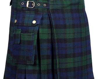 Falda escocesa utilitaria Black Watch Tartan con bolsillos cargo - Falda escocesa moderna a cuadros para hombre