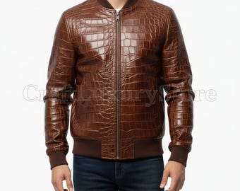 Men’s Handmade Crocodile Leather Bomber Jacket – Designer Biker Coat