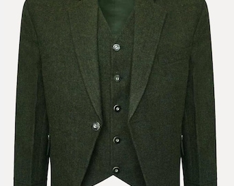 Men's Forest Green Herringbone Tweed Argyll Kilt Jacket and Waistcoat Set