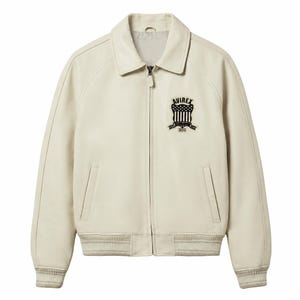 Chaqueta de cuero unisex Avirex, chaqueta bomber vintage color blanco roto, abrigo universitario con parche de EE. UU., ropa de abrigo informal retro estilo streetwear para hombres y mujeres.