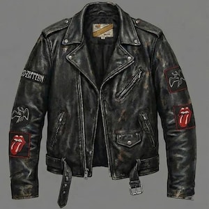 Men's Distressed Leather Biker Jacket - Vintage AC/DC & Band Patches, Heavy Metal Studded Outerwear