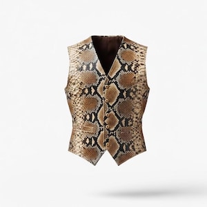 May include: A brown and tan snakeskin-patterned vest with a V-neck and button closure. The vest has a dark brown interior lining and is a classic, sleeveless garment.