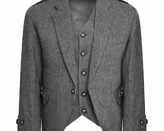 Men’s Grey Herringbone Tweed Argyle Kilt Jacket and Waistcoat for Scottish Weddings