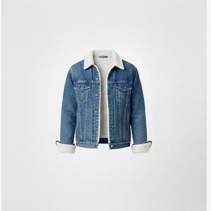 Puede incluir: Chaqueta vaquera azul con forro y cuello de borreguillo blanco y esponjoso. La chaqueta tiene dos bolsillos en el pecho, dos bolsillos laterales y cierres de botón. Los puños están doblados.