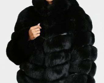Black Faux Fur Hooded Jacket for Women – Luxury Winter Warm Plush Coat