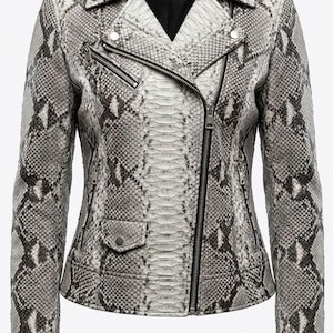Women's Genuine Snakeskin Leather Jacket - Real Python Biker Jacket - Luxury Grey Animal Print