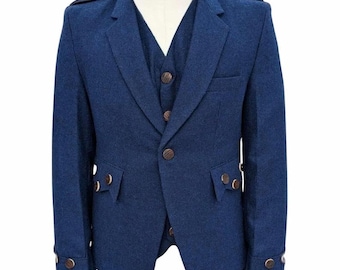Blue Tweed Argyll Kilt Jacket and Waistcoat Set for Men