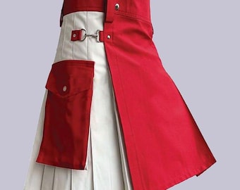 Czerwono-biały hybrydowy kilt użytkowy, dwukolorowy bawełniany kilt cargo dla mężczyzn