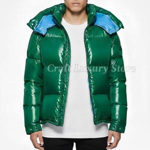 Men’s Glossy Puffer Jacket | Green Winter Bubble Jacket with Hood | Shiny Lightweight Outerwear