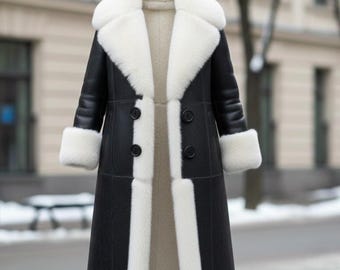 Damen Schwarzer Ledermantel | Luxus Winter Lammfellbesatz Oberbekleidung