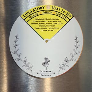 May include: A circular magnet featuring a yellow wedge labeled Ovulatory Day 14-16, Summer, Energy, and Socialize. It lists movement and food recommendations. The white lower section displays a floral illustration and the text Fayewood Botanica.
