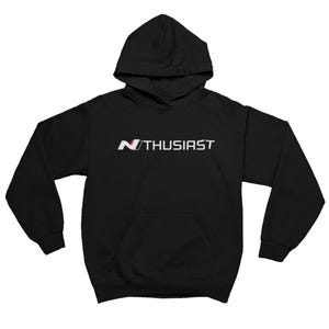 May include: Black hooded sweatshirt featuring the word "NTHUSIAST" in white, with a red and silver "N" logo. The sweatshirt has a front pocket and a hood.