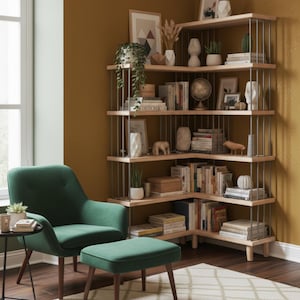 Massivholz Vintage Bücherregal - Massives Nussbaum Bücherregal - Minimalistisches offenes Bücherregal - breiter Mid Century Modern Bücherregal - handgefertigte Holzregale