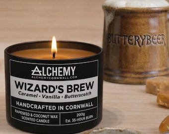 Vela perfumada Wizard's Brew / Caramelo, vainilla y caramelo / Cera de coco y colza 100 % natural / Hecha a mano en Cornualles