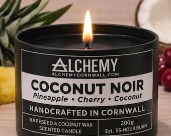 Vela aromática Coconut Noir / Piña • Cereza • Coco / Cera 100% natural de coco y colza / Hecha a mano en Cornualles