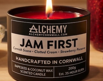 Vela perfumada Jam First / Nata cuajada, fresa y bollo de Cornualles / Cera de coco y colza 100 % natural / Hecha a mano en Cornualles