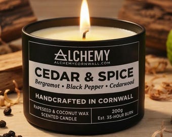 Vela perfumada de cedro y especias / Bergamota, pimienta negra y cedro / Cera de coco y colza 100 % natural / Hecha a mano en Cornualles