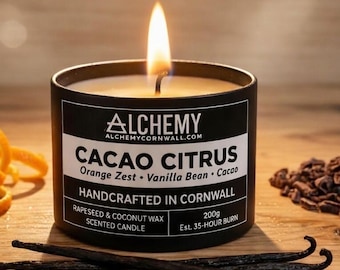 Vela con aroma a cacao y cítricos / Cáscara de naranja, vainilla y cacao / Cera de coco y colza 100 % natural / Hecha a mano en Cornualles