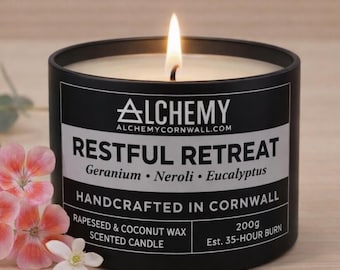 Vela perfumada "Retiro Relajado" / Geranio, Neroli y Eucalipto / Cera de coco y colza 100 % natural / Hecha a mano en Cornualles