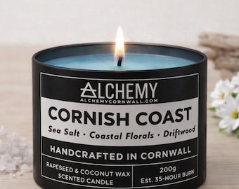 Vela aromática de la costa de Cornualles / Sal marina • Flores costeras • Madera flotante / Cera 100% natural de coco y colza / Hecha a mano en Cornualles