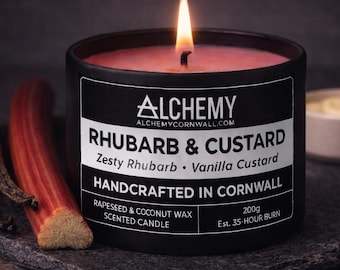Vela aromática de ruibarbo y natillas / Cera 100% natural de coco y colza / Hecha a mano en Cornualles