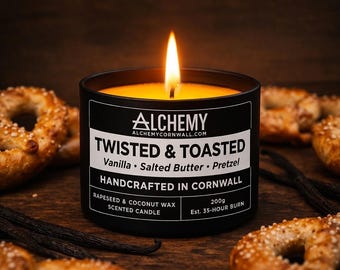 Vela perfumada Twisted & Toasted / Vainilla, mantequilla salada y pretzel / Cera de coco y colza 100 % natural / Hecha a mano en Cornualles