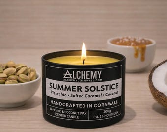 Vela aromática Solsticio de Verano / Pistacho • Caramelo Salado • Coco / Cera 100% natural de coco y colza / Hecha a mano en Cornualles