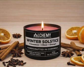 Vela perfumada de solsticio de invierno / Canela, clavo y naranja / Cera de coco y colza 100 % natural / Hecha a mano en Cornualles