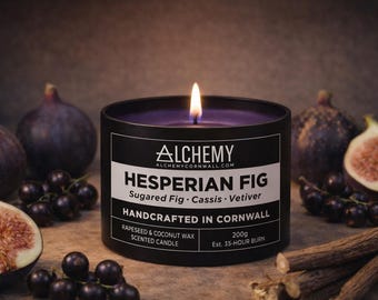 Vela perfumada con higo de Hesperian / Higo azucarado, grosella negra y vetiver / Cera de coco y colza 100 % natural / Hecha a mano en Cornualles