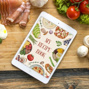 May include: A white tablet displaying "MY RECIPE BOOK" with colorful illustrations of food items, such as avocado, tomatoes, and pizza, rests on a wooden cutting board. Fresh ingredients like tomatoes, mushrooms, and prosciutto surround the tablet.