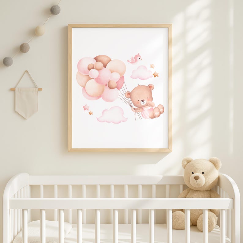 Pink Teddy Bear Nursery Wall Art Set of 3 Baby Girl Room Décor Cute ...