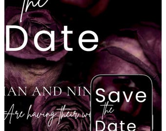 Elegante plantilla floral oscura para guardar la fecha. Totalmente editable, perfecta para una boda moderna y romántica.